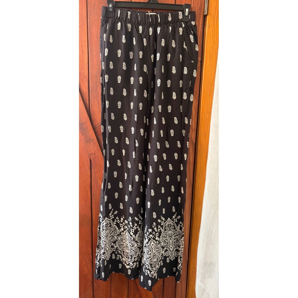 Blu Pepper Vintage Black White Paisley Wide Leg Palazzo Pants Womens Small Boho